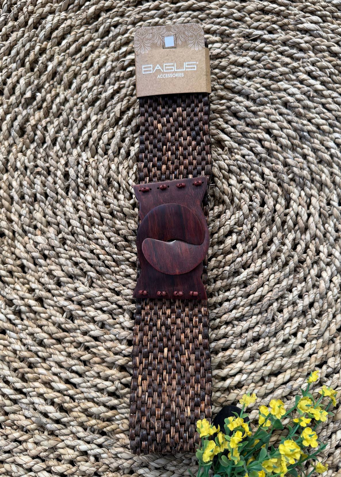 CINTURON ELASTICO COCO BEAD CON HEBILLA MADERA MARRON TU